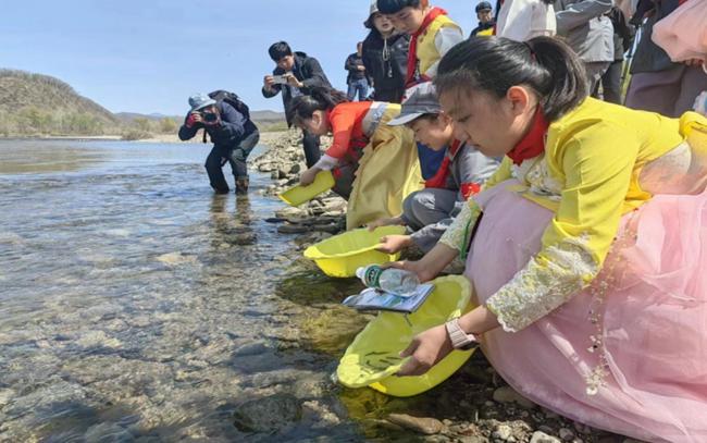 4月27日，前來放流大麻哈魚的小學生。