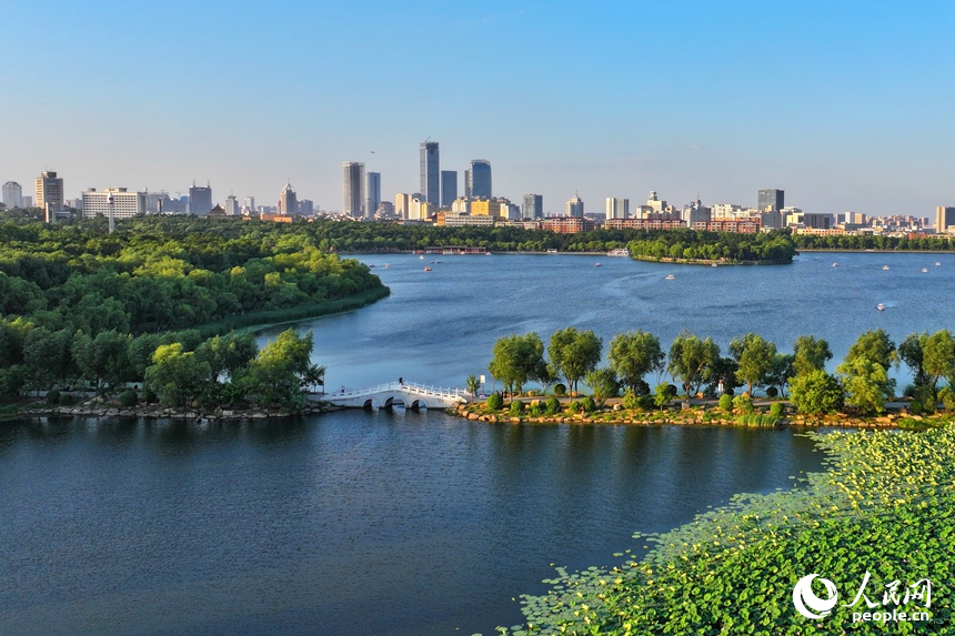長春南湖公園與城市建筑相映成趣，構成一幅水清景美的生態畫卷。人民網記者 李洋攝