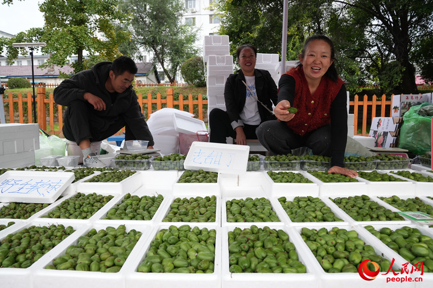 早市上，攤主邀請游客品嘗當地特產軟棗獼猴桃。人民網記者 李洋攝